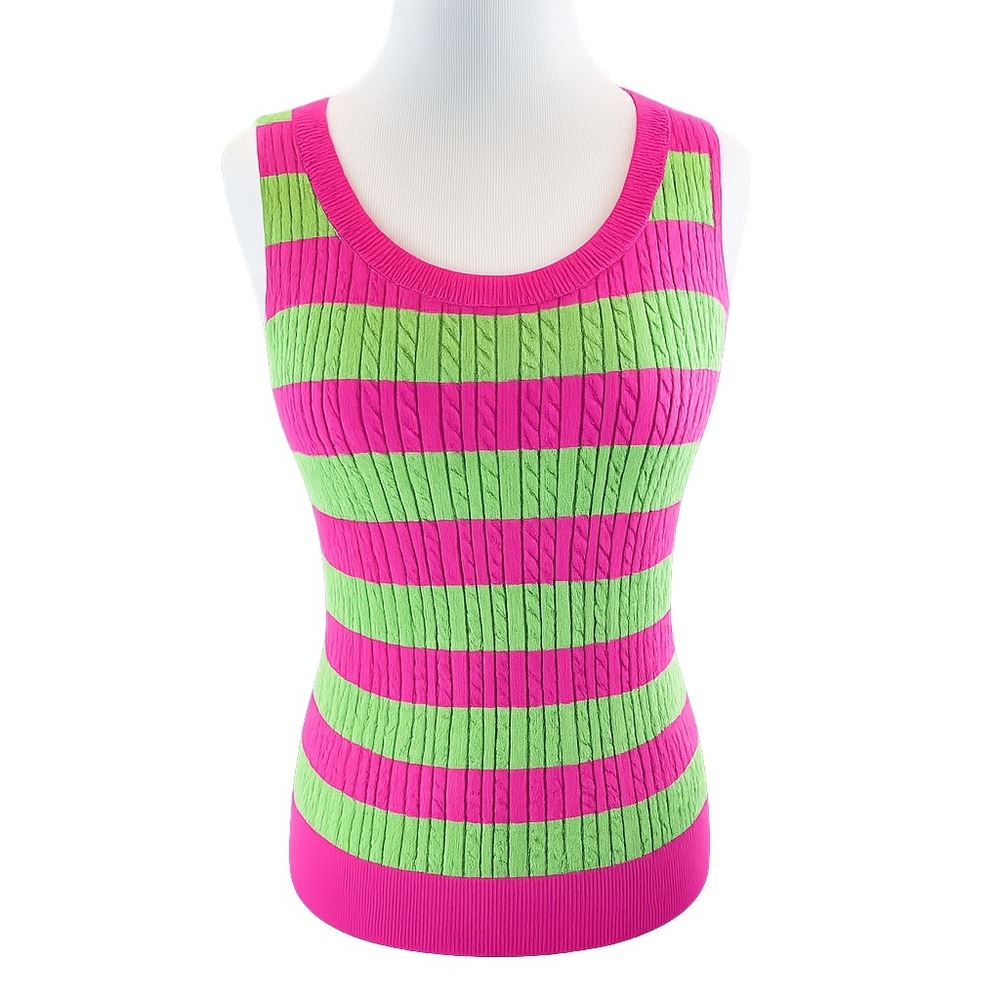 Talbots Women‎ Sweater Tank Pink Green Striped Cable Knit Preppy Shell XS
